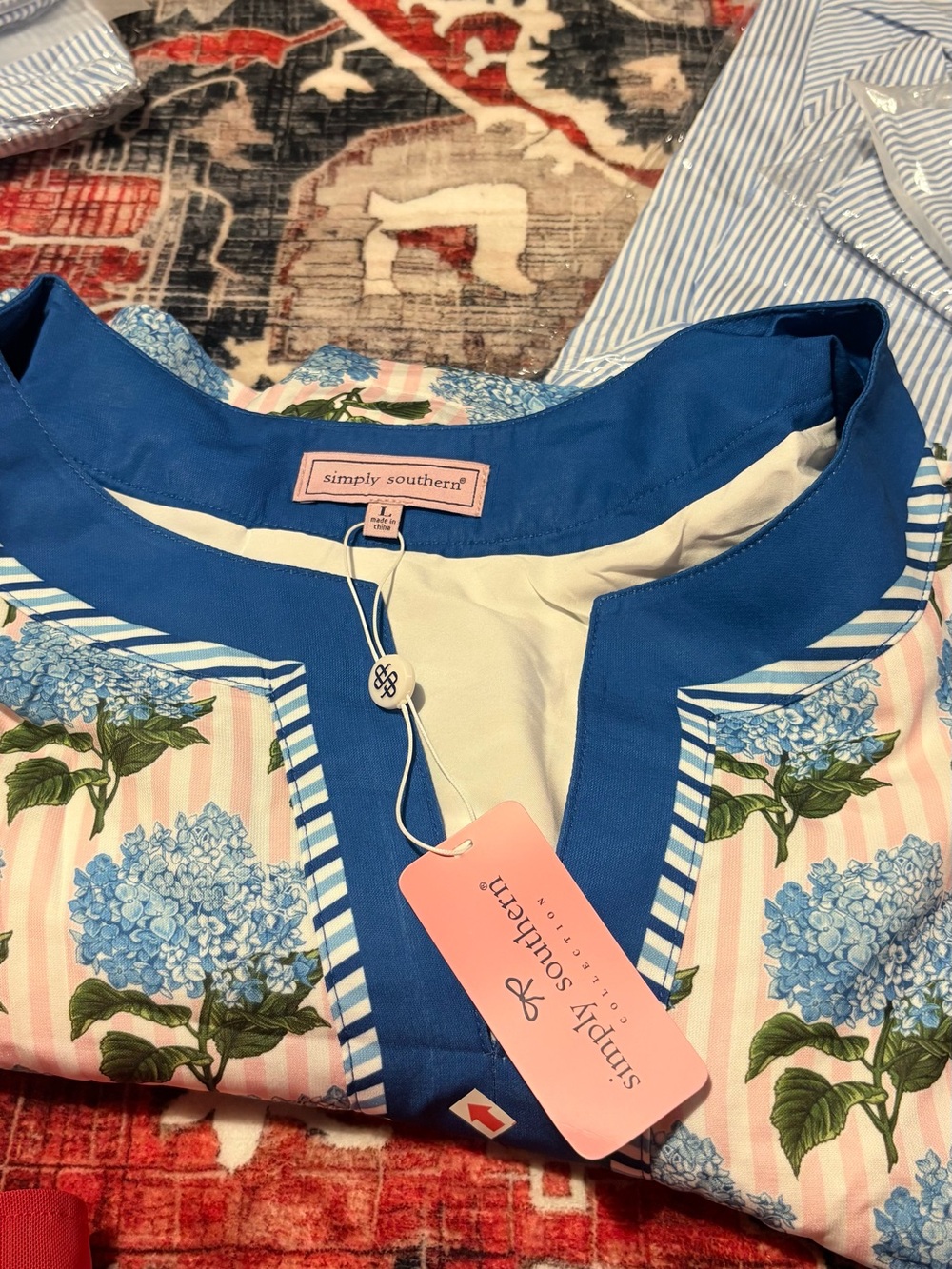 Simply Southern Blue Hydrangea Floral Pink Stripe Above Knee Shift Dress L - Picture 3 of 3